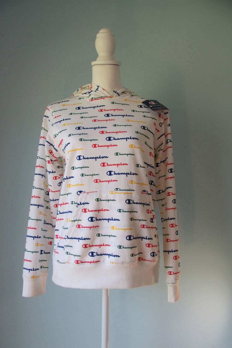 Champion Hoodie L Multicolor All Over Logo Print Pullover Sweatshirt Streetwear